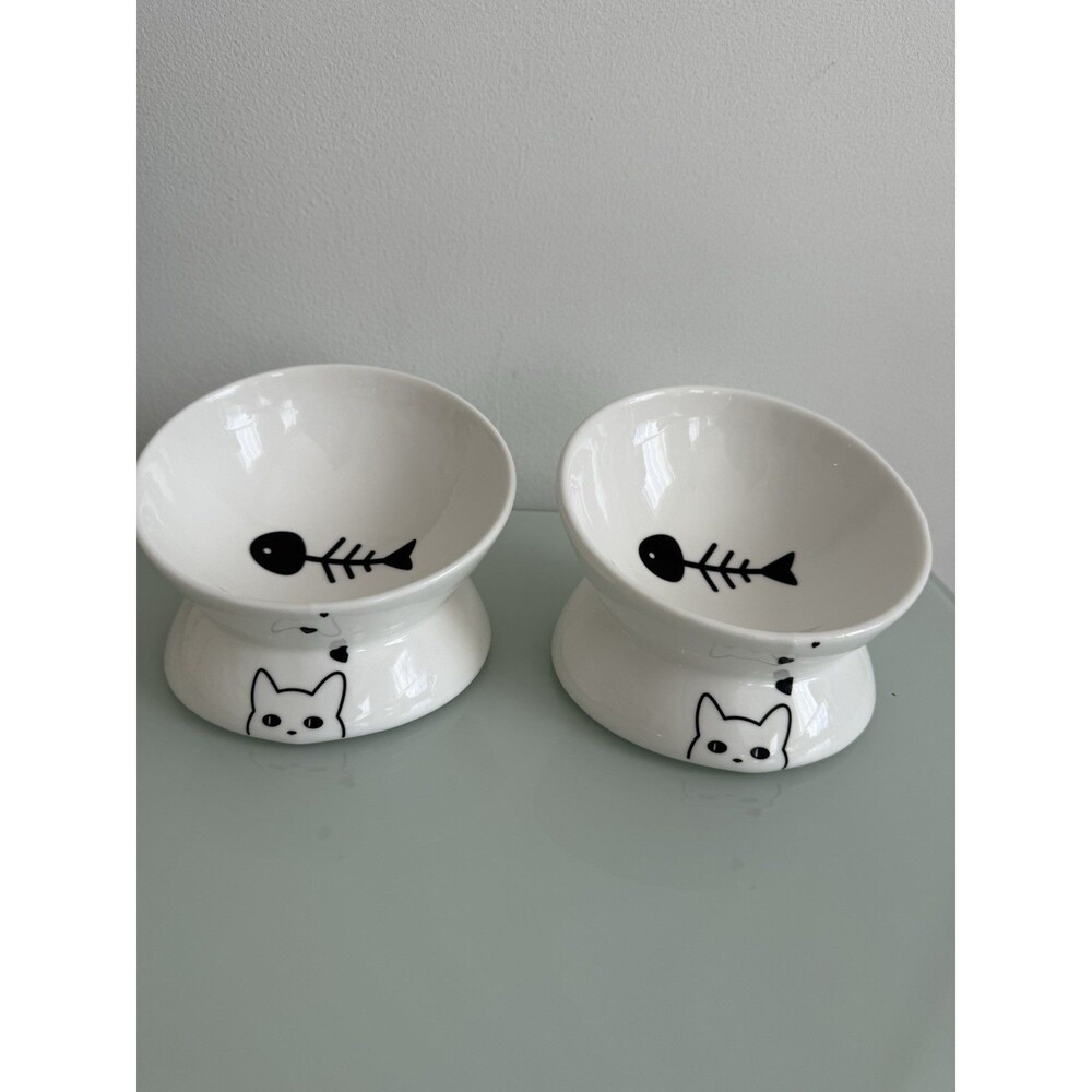 ✿ Cat Bowl Set Ceramic Fish Design Microwave Dishwasher Safe Eco Friendly White!